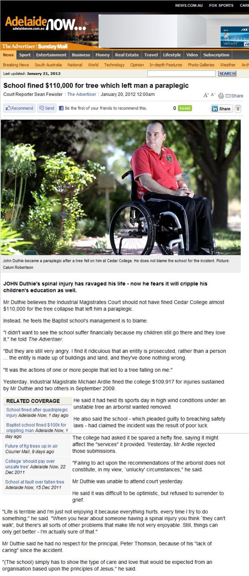 cedar college is fined and john is photographed outside his house - the newspaper report occured after the safework sa prosecution