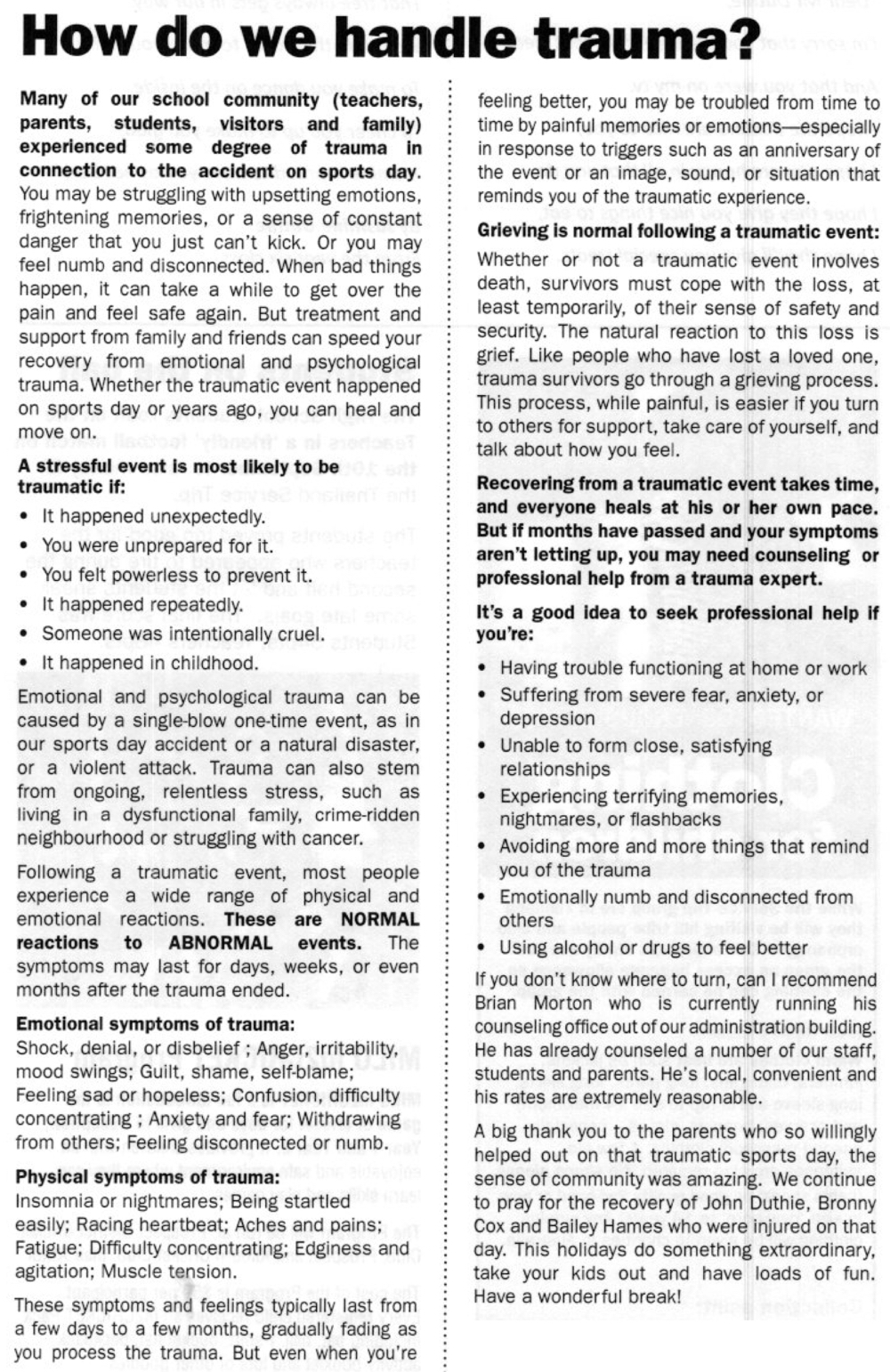 newsletter of cedar college with main front page article of how to handle trauma. No mention that the fallen tree didn't have the required maintenance done on it