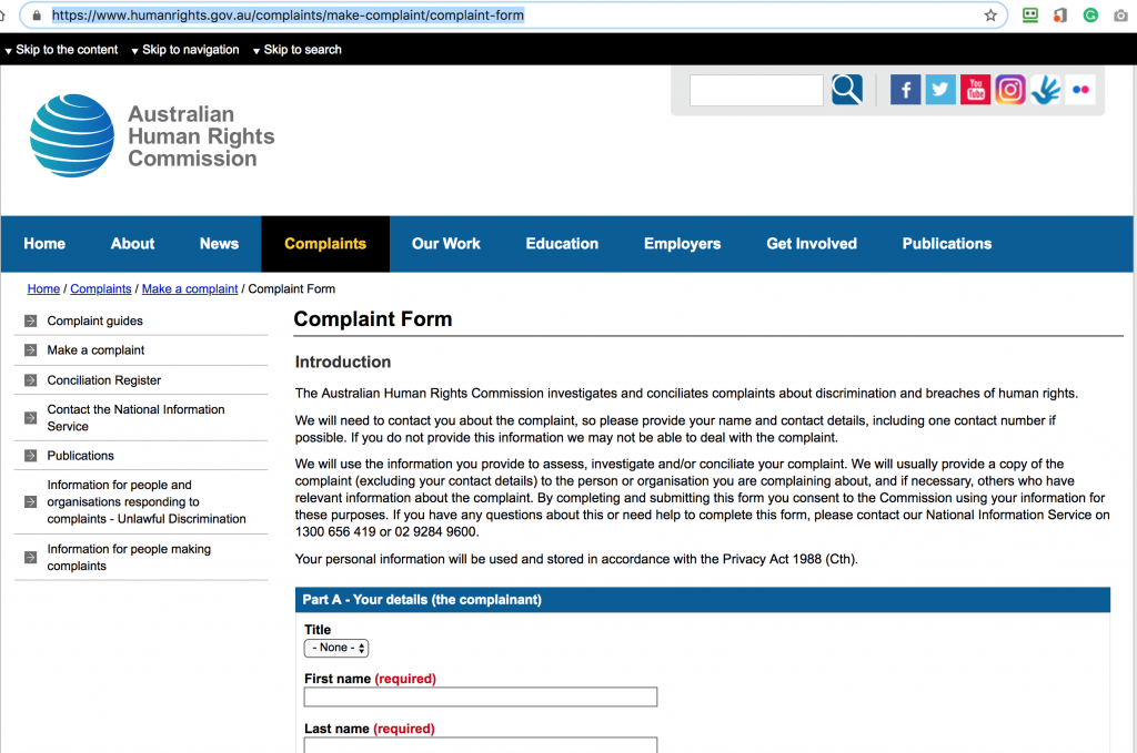 the online complaint form at the Australian Human Rights Commission