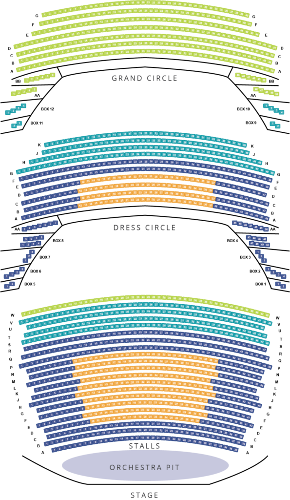 seating plan of the adelaide festival theatre, showing the stalls, and dress and grand circles