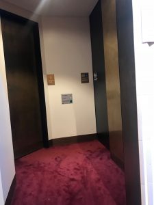 a small area with a door to the left that is the female restrooms and the accesible one to the right