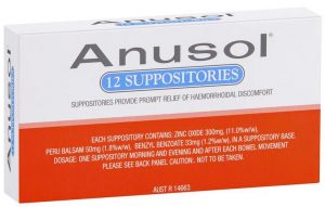 the cardboard packaging of anusol. White and red, with marketing and medical information that no one reads. SCI bowel management