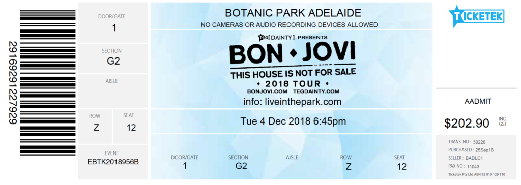 My Bon Jovi ticket from ticketek which included the cost and the seating location - Adelaide Botanic Park accessibility issues