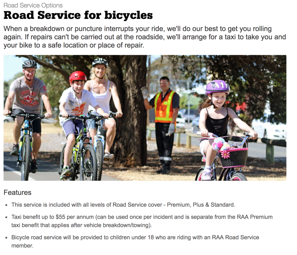a screen shot of the RAA site that describes the conditions of service for the bike break down service