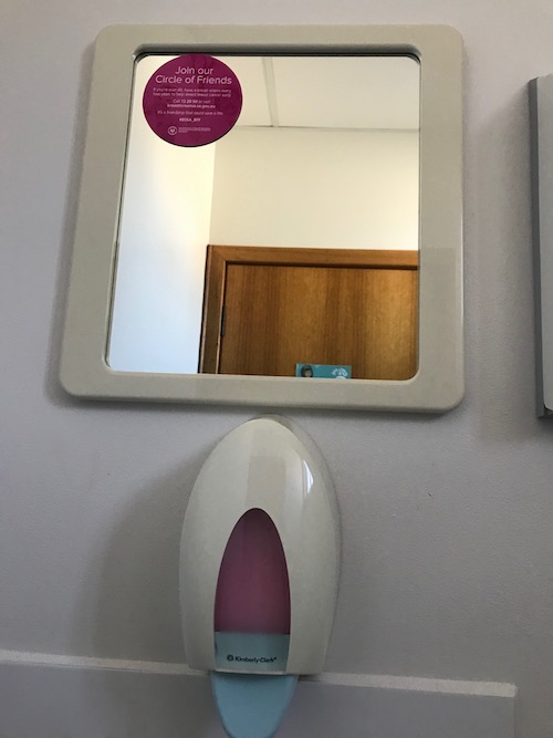 The mirror is high on the wall and I looked into it and didn't see myself at all