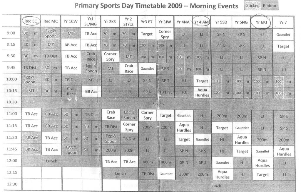 Cedar College sports day timetable showing the ‘Gauntlet’ at 11:30am for 4 