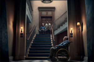 steps leading into a hotel, man sits in a wheelchair looking up the stairs as he can't get into the hotel. The Disability Discrimination Act
