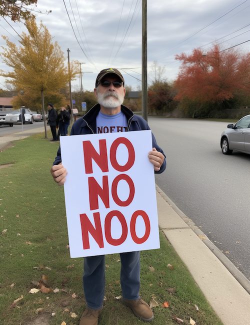 Vote NO in the Australian Voice Referendum - an older man on grass is holding a no sign on his chest