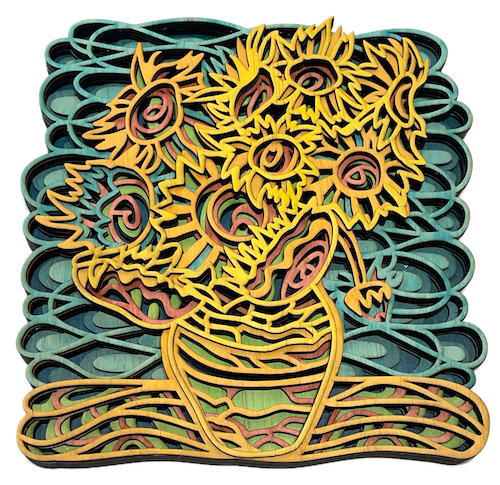 This image depicts a modern interpretation of Van Gogh's famous "Sunflowers" painting. The artwork is created using multiple laser-cut layers of wood, giving a three-dimensional effect. The sunflowers are presented in a vase, with their vibrant petals and leaves intricately cut and layered to mimic the texture and depth of the original painting. The use of warm yellows, greens, and browns adds to the richness of the design, creating a contemporary yet timeless piece of art.