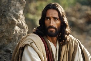 A contemplative portrayal of Jesus with long dark hair and a beard, wearing layered earth-toned robes, seated outdoors beside a rocky surface, gazing thoughtfully into the distance with soft natural light illuminating His face.