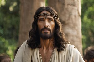 A serene depiction of Jesus with long brown hair and a beard, wearing a crown of thorns and cream-colored robes, standing outdoors in front of stone columns and green foliage, looking forward with a solemn expression. Meaning of Mark 6:1-6